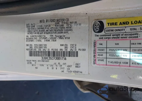 2012 Lincoln Mkz from USA, damaged, VIN 3LNHL2GC7CR801756